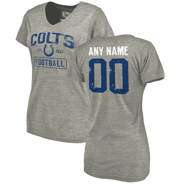 Women Indianapolis Colts Heather Gray Distressed Custom Name and Number Tri-Blend V-Neck NFL T-Shirt->nfl t-shirts->Sports Accessory